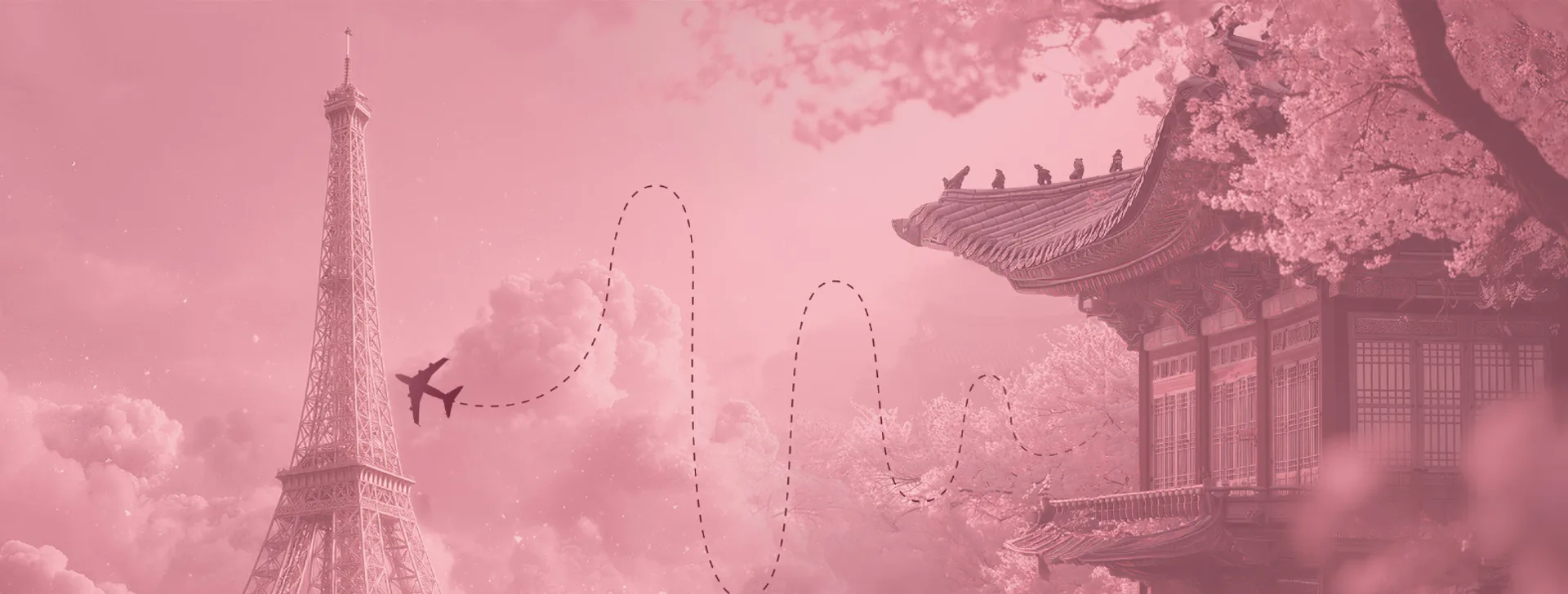 Eiffel Tower and Seoul pagoda among cherry blossoms, joined by an airplane route