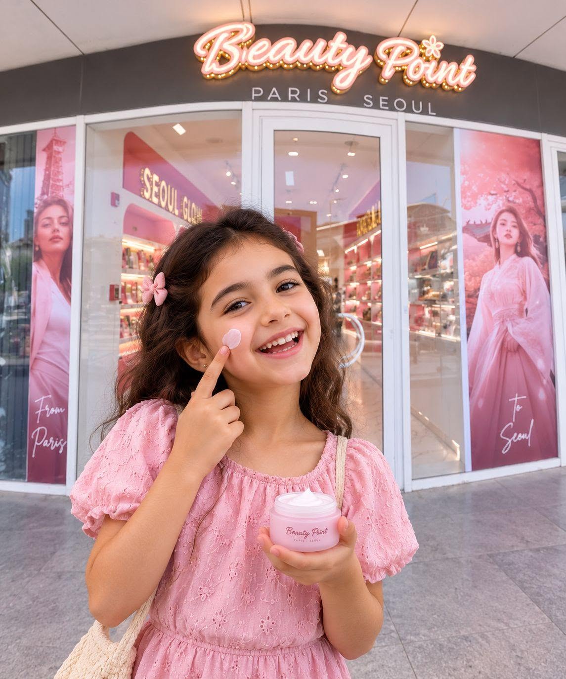 Smiling girl holding a Beauty Point cream outside the pink Beauty Point Paris Seoul store